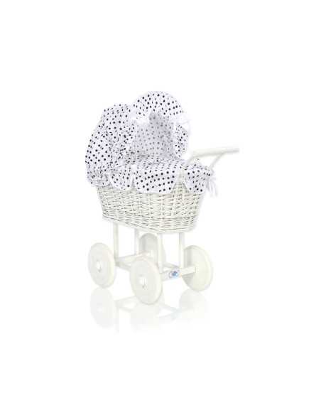 Wicker dolls' pram with white-black bedding and padding - white