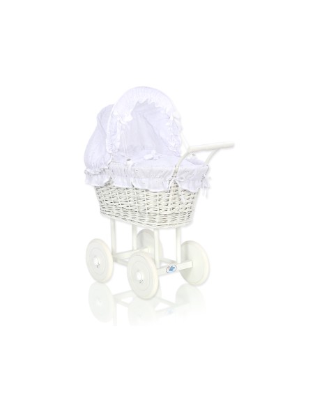 Wicker dolls' pram with white bedding and padding - white