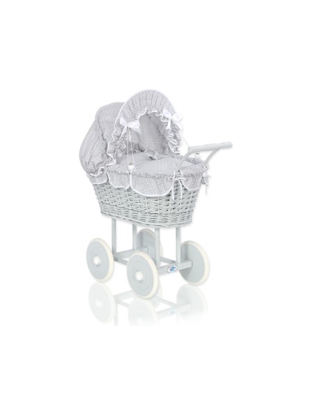 Wicker dolls' pram with grey bedding and padding - grey