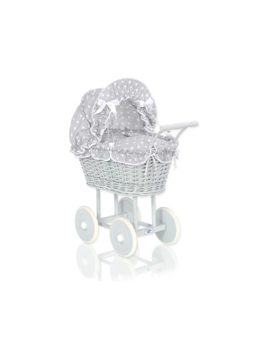 Wicker dolls' pram with grey bedding and padding - grey