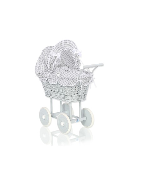 Wicker dolls' pram with grey bedding and padding - grey