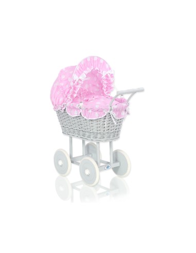 Wicker dolls' pram with pink bedding and padding - grey