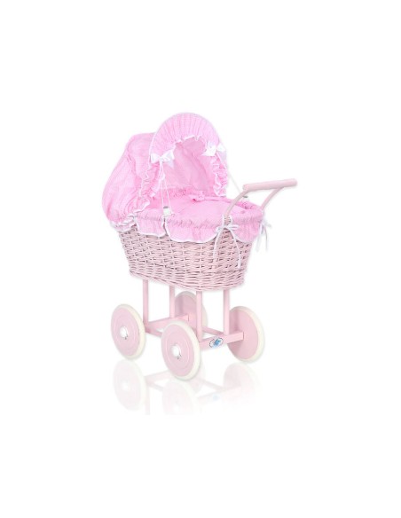 Wicker dolls' pram with pink bedding and padding - pink