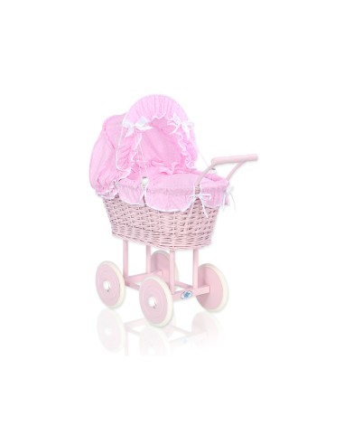 Wicker dolls' pram with pink bedding and padding - pink