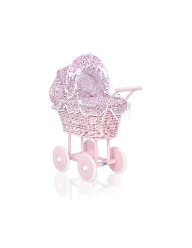 Wicker dolls' pram with pink bedding and padding - pink