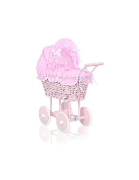 Wicker dolls' pram with pink bedding and padding - pink