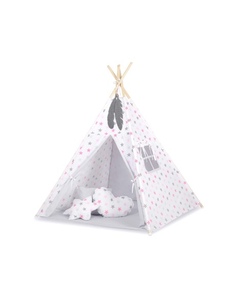 Teepee tent for kids + playmat + pillows + decorative feathers - Stars pink-grey/grey