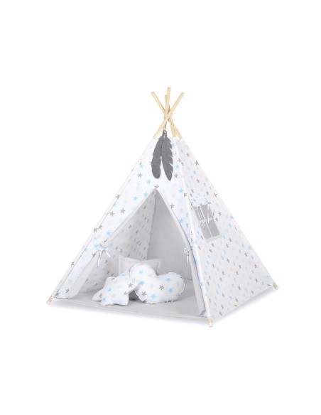 Teepee tent for kids + playmat + pillows + decorative feathers - Stars blue-grey/grey