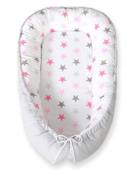 Baby nest double-sided Premium Cocoon for infants BOBONO- stars pink-grey/grey