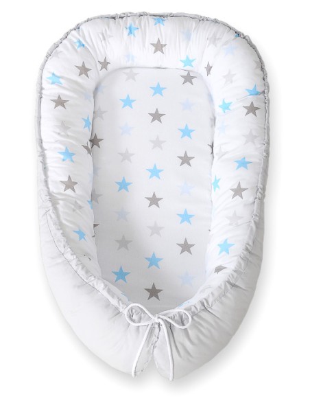 Baby nest double-sided Premium Cocoon for infants BOBONO- stars blue-grey/grey