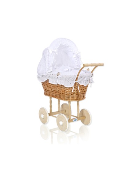 Wicker dolls' pram with white bedding and padding - natural