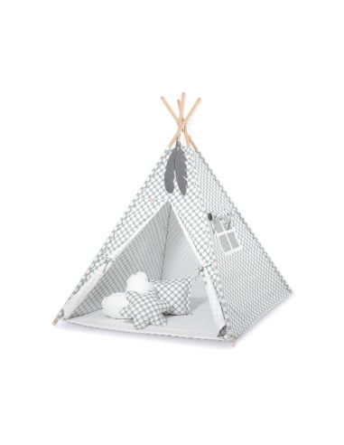 Teepee tent for kids + decorative feathers - grey with white dots