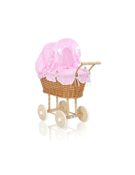 Wicker dolls' pram with pink bedding and padding - natural