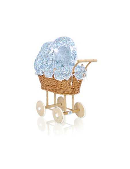 Wicker dolls' pram with blue bedding and padding - natural