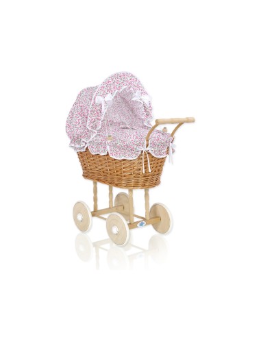 Wicker dolls' pram with pink bedding and padding - natural