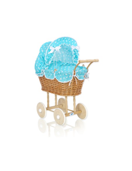 Wicker dolls' pram with turquoise bedding and padding - natural