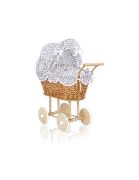 Wicker dolls' pram with grey bedding and padding - natural