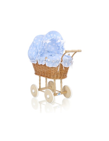 Wicker dolls' pram with blue bedding and padding - natural