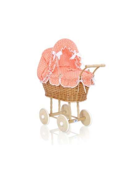 Wicker dolls' pram with peach bedding and padding - natural