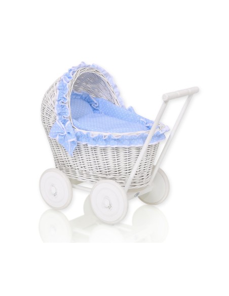 Wicker doll pushchair white with blue bedding and soft padding