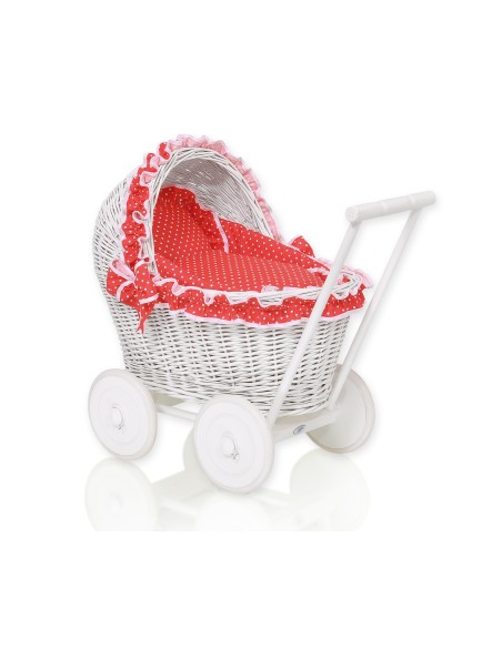 Wicker doll pushchair white with red bedding and soft padding