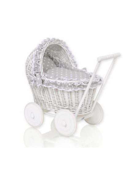 Wicker doll pushchair white with grey bedding and soft padding