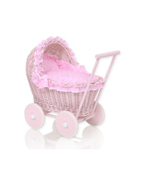 Wicker doll pushchair pink with pink bedding and soft padding