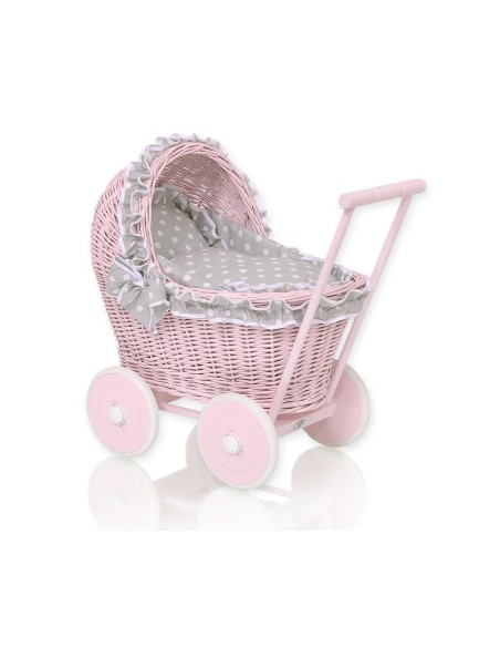 Wicker doll pushchair pink with grey bedding and soft padding