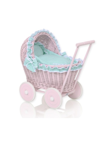 Wicker doll pushchair pink with mint bedding and soft padding