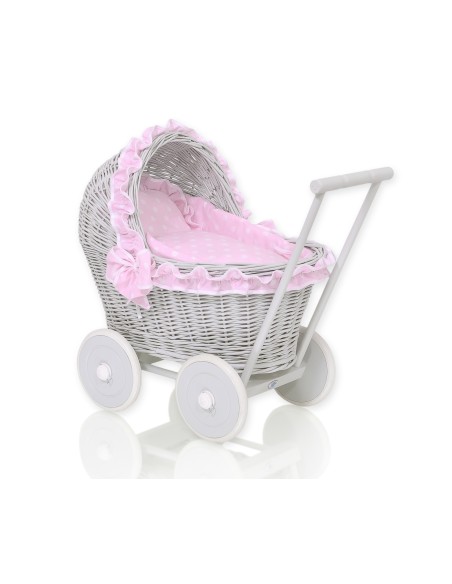 Wicker doll pushchair grey with pink bedding and soft padding