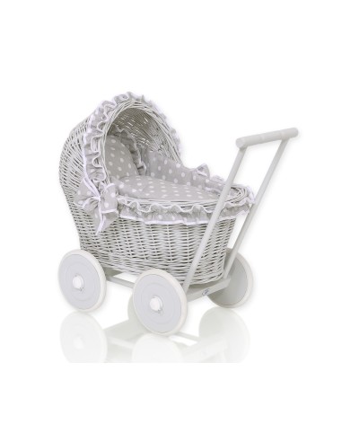 Wicker doll pushchair grey with grey bedding and soft padding