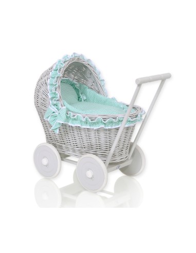 Wicker doll pushchair grey with mint bedding and soft padding