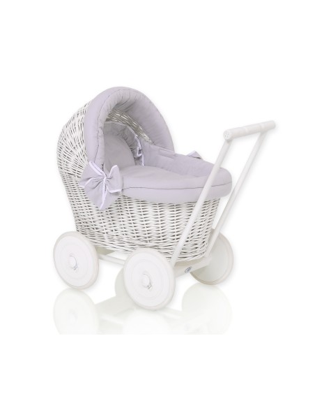 Wicker doll pushchair white with grey bedding and soft padding