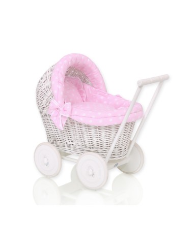 Wicker doll pushchair white with pink bedding and soft padding