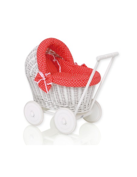 Wicker doll pushchair white with red bedding and soft padding