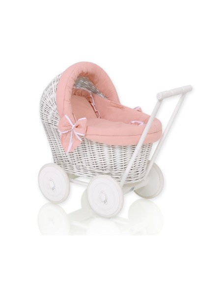 Wicker doll pushchair white with bedding and soft padding pastel pink