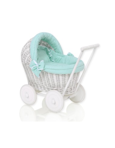 Wicker doll pushchair white with mint bedding and soft padding