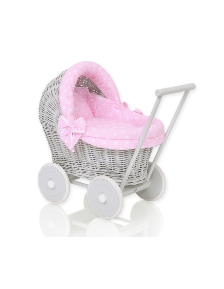 Wicker doll pushchair grey with pink bedding and soft padding