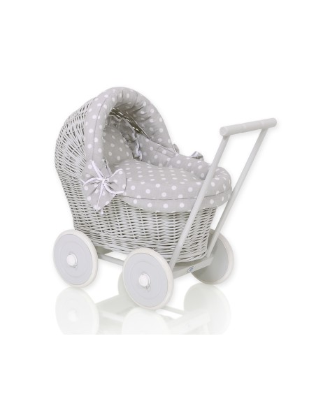 Wicker doll pushchair grey with grey bedding and soft padding