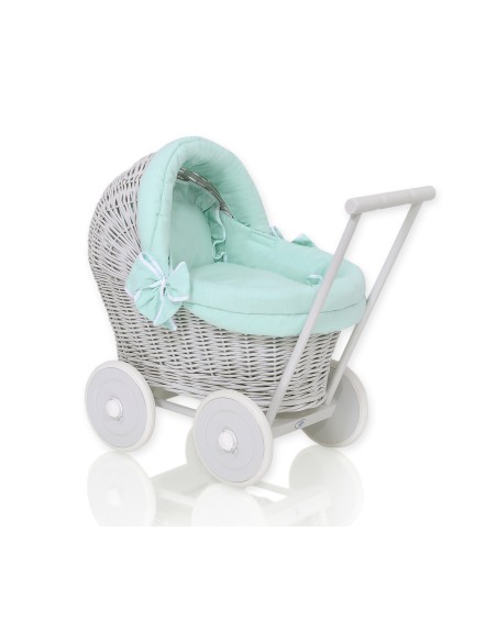 Wicker doll pushchair grey with mint bedding and soft padding