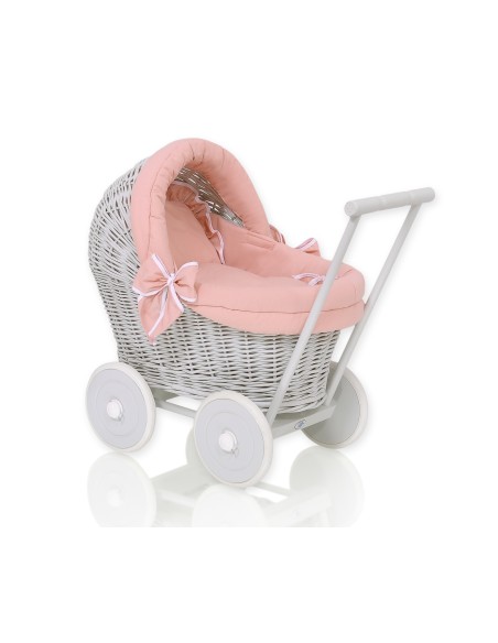 Wicker doll pushchair grey with old pink bedding and soft padding