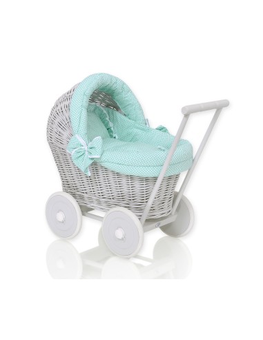 Wicker doll pushchair grey with mint bedding and soft padding