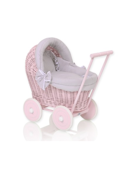 Wicker doll pushchair pink with grey bedding and soft padding