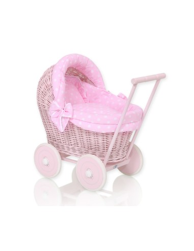 Wicker doll pushchair pink with pink bedding and soft padding