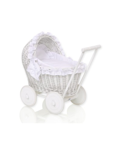 Wicker doll pushchair white with white bedding and soft padding