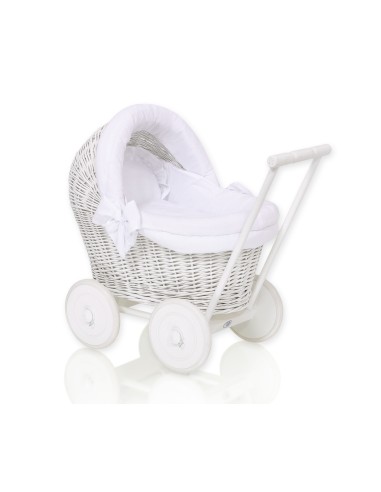 Wicker doll pushchair white with white bedding and soft padding