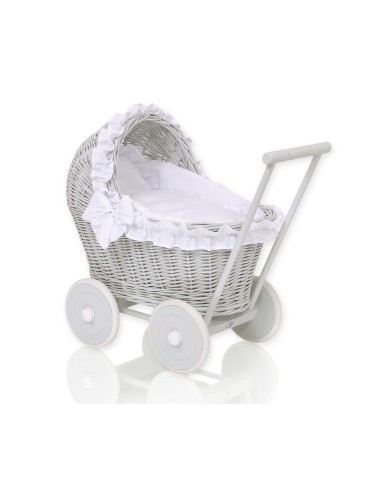 Wicker doll pushchair grey with white bedding and soft padding