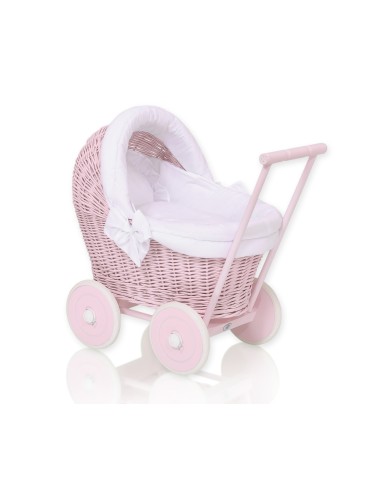 Wicker doll pushchair pink with white bedding and soft padding