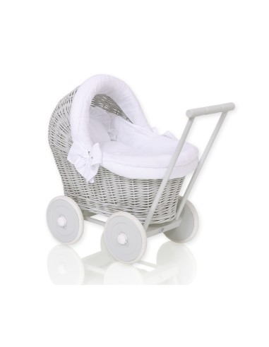 Wicker doll pushchair grey with white bedding and soft padding