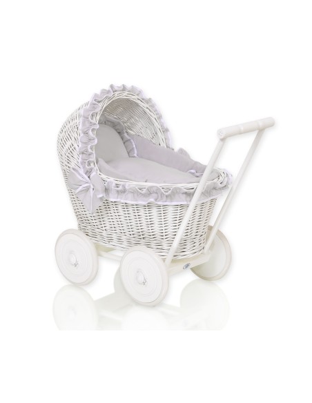 Wicker doll pushchairwhite with grey bedding and soft padding